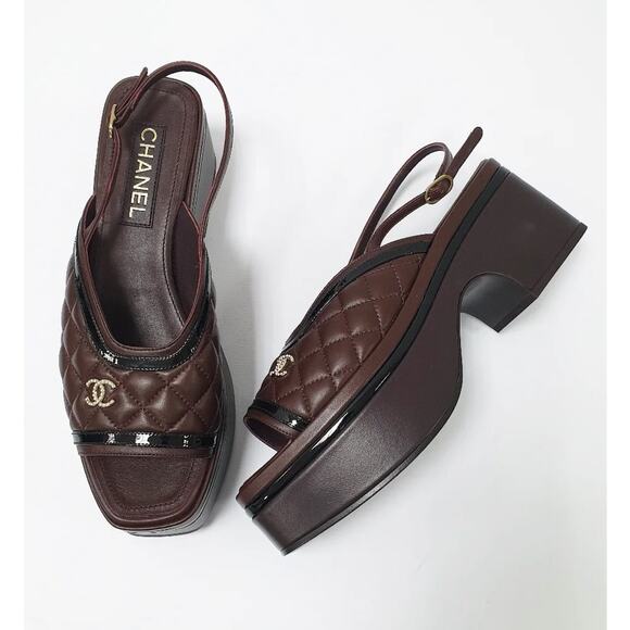 Chanel Burgundy Quilted Platform Slingback Sandals 40.5 - Picture 1 of 11
